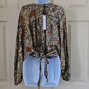 Nicole Miller small long sleeve boho crop blouse NWT